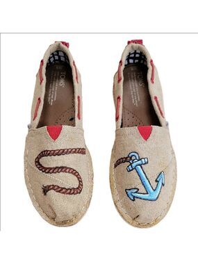 TOMS BIMINI Stitchouts Hand Painted Nautical Burlap Boat Shoes Size 8 NWOT